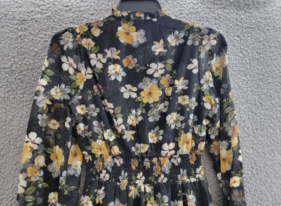 Lucy Paris Dallas Smocked-Waist Tie-Neck Sheer-Sleeve Dress Women S Black Floral
