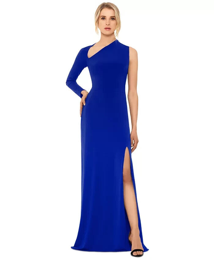 Betsy & Adam Asymmetric-Neck One-Sleeve Gown Women's 6 Royal Blue Side Zipped