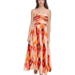 DKNY Printed Satin Strappy Halter Maxi Dress Women's S Orange Blossom Back Tie