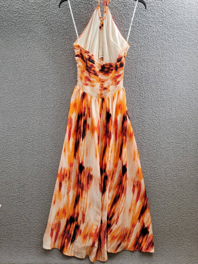 DKNY Printed Satin Strappy Halter Maxi Dress Women's XL Orange Blossom Back Tie