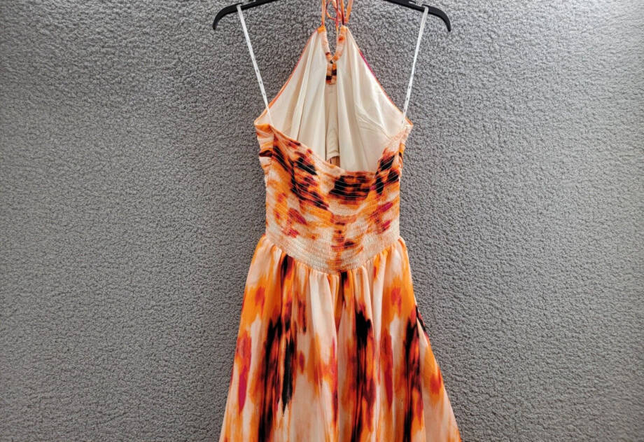 DKNY Printed Satin Strappy Halter Maxi Dress Women's XL Orange Blossom Back Tie