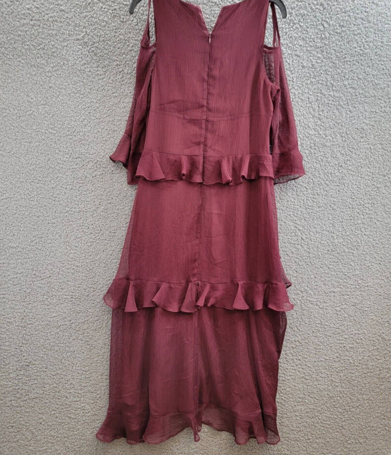 Tahari ASL Ruffled Cold-Shoulder Midi Dress Women's 8 Burgundy V-Neck Back Zip