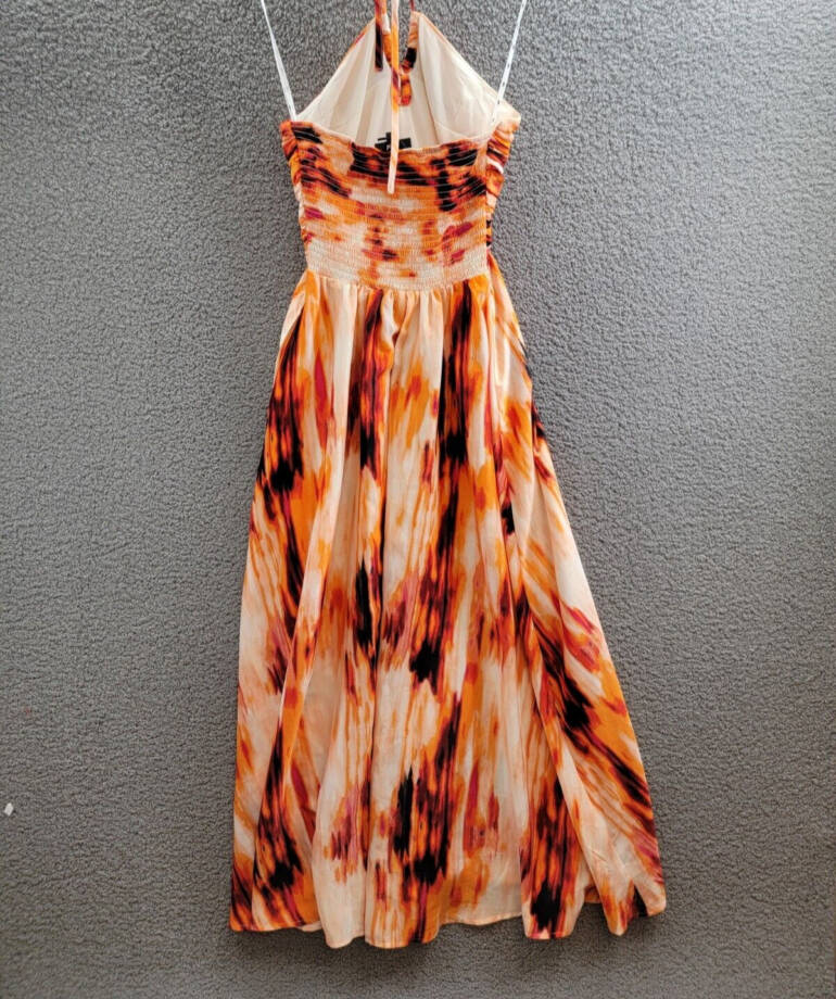 DKNY Printed Satin Strappy Halter Maxi Dress Women's S Orange Blossom Back Tie