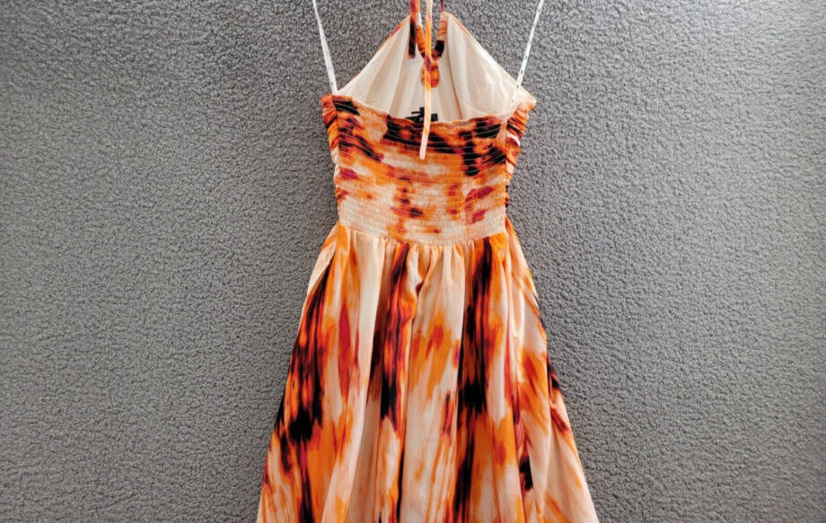DKNY Printed Satin Strappy Halter Maxi Dress Women's S Orange Blossom Back Tie