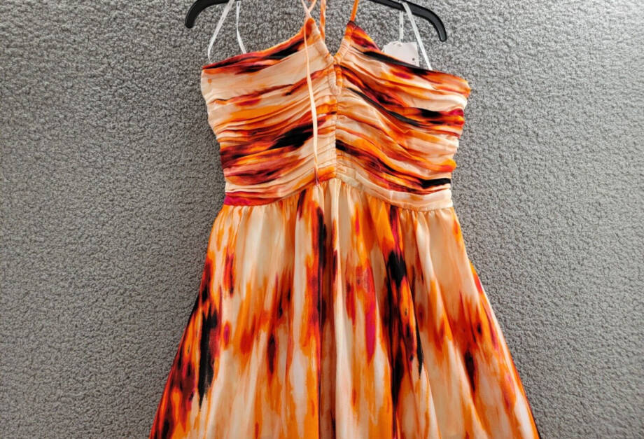 DKNY Printed Satin Strappy Halter Maxi Dress Women's L Orange Blossom Back Tie