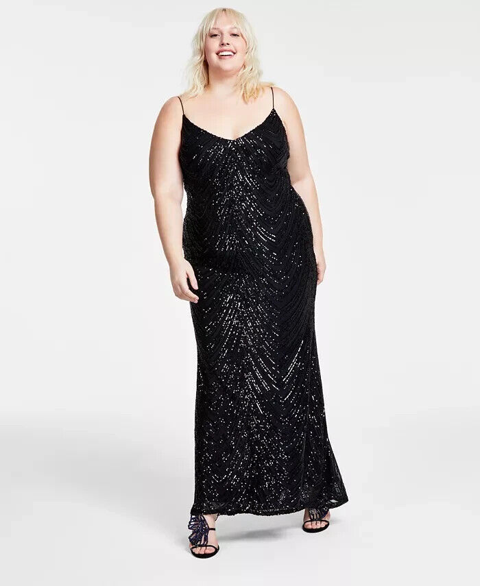 B Darlin Trendy Plus Size Sequined V-Neck Sleeveless Gown Women's 18W Black