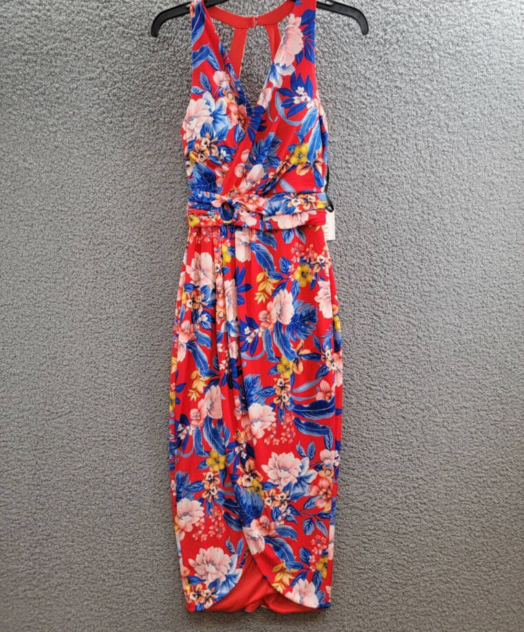 Siena Floral Side-Ruched Sleeveless Midi Dress Women's 2 Red Multi Back Zipped