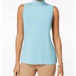 Charter Club Mock-Neck Top Women's M Tile Blue Solid Stretch Sleeveless Pullover