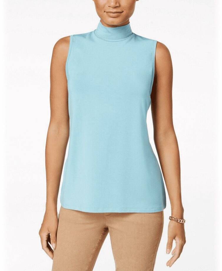 Charter Club Mock-Neck Top Women's M Tile Blue Solid Stretch Sleeveless Pullover