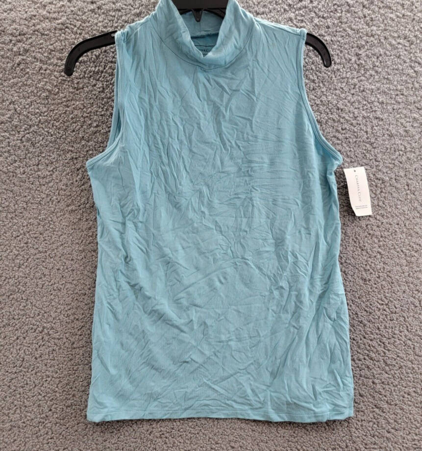 Charter Club Mock-Neck Top Women's M Tile Blue Solid Stretch Sleeveless Pullover