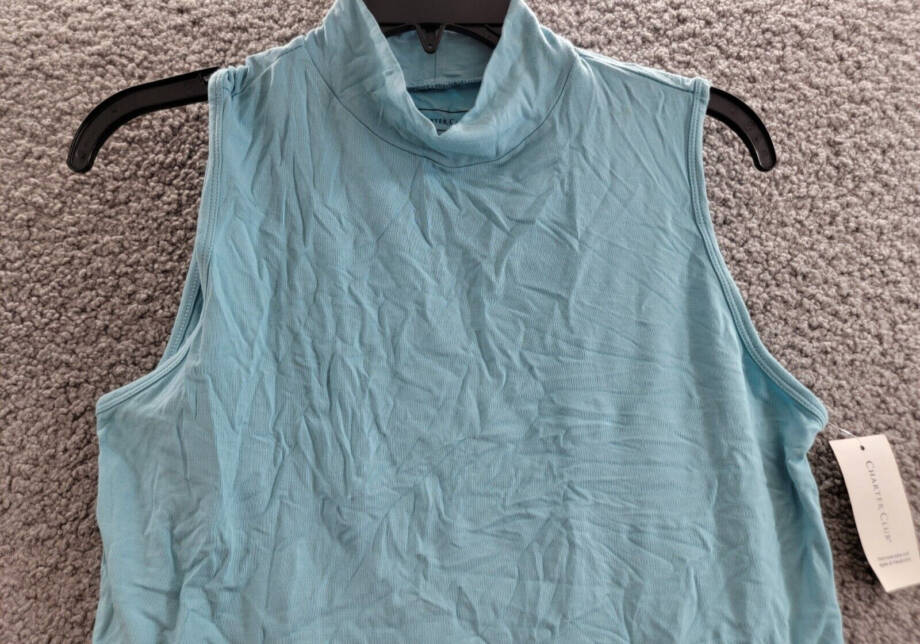 Charter Club Mock-Neck Top Women's M Tile Blue Solid Stretch Sleeveless Pullover