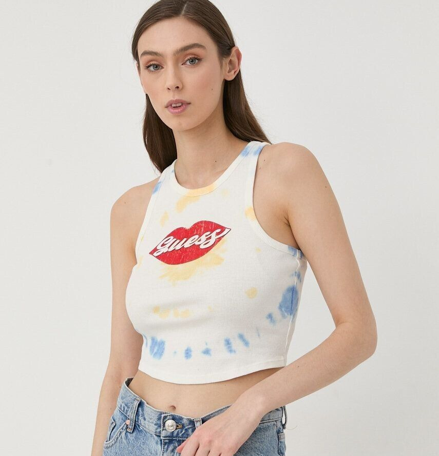 GUESS Lips Logo Tank Top Women's L Pure White Multi Crewneck Sleeveless Pullover