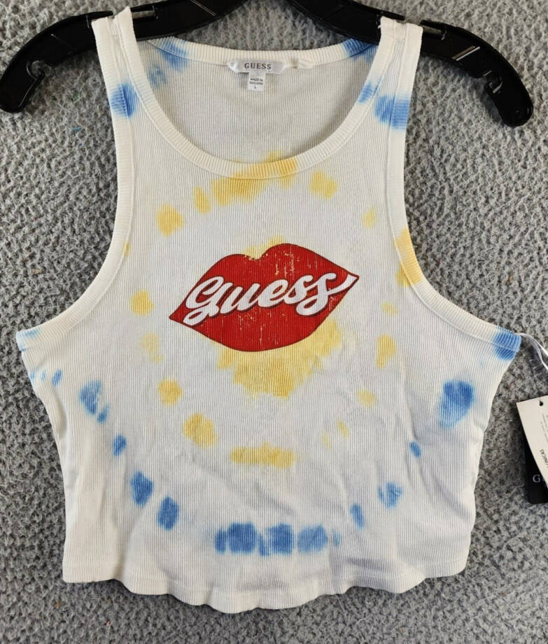 GUESS Lips Logo Tank Top Women's L Pure White Multi Crewneck Sleeveless Pullover