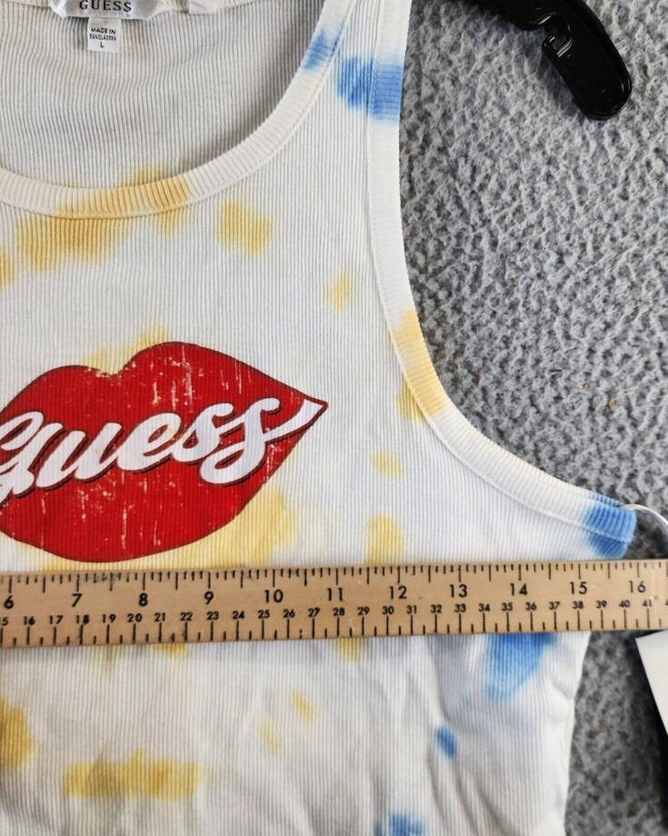 GUESS Lips Logo Tank Top Women's L Pure White Multi Crewneck Sleeveless Pullover