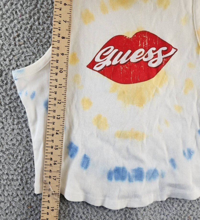 GUESS Lips Logo Tank Top Women's L Pure White Multi Crewneck Sleeveless Pullover