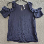 NY Collection Ruffled Cold-Shoulder Top Women's S Evening Blue Scoop Neck S/S