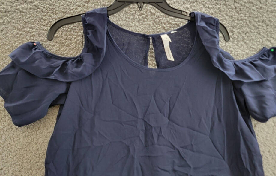 NY Collection Ruffled Cold-Shoulder Top Women's S Evening Blue Scoop Neck S/S