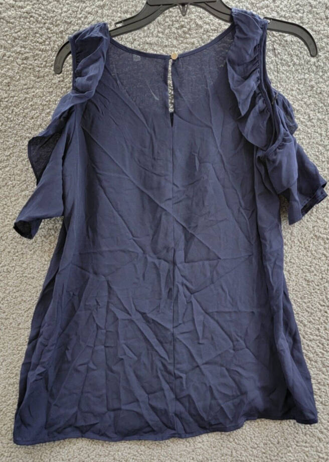 NY Collection Ruffled Cold-Shoulder Top Women's S Evening Blue Scoop Neck S/S