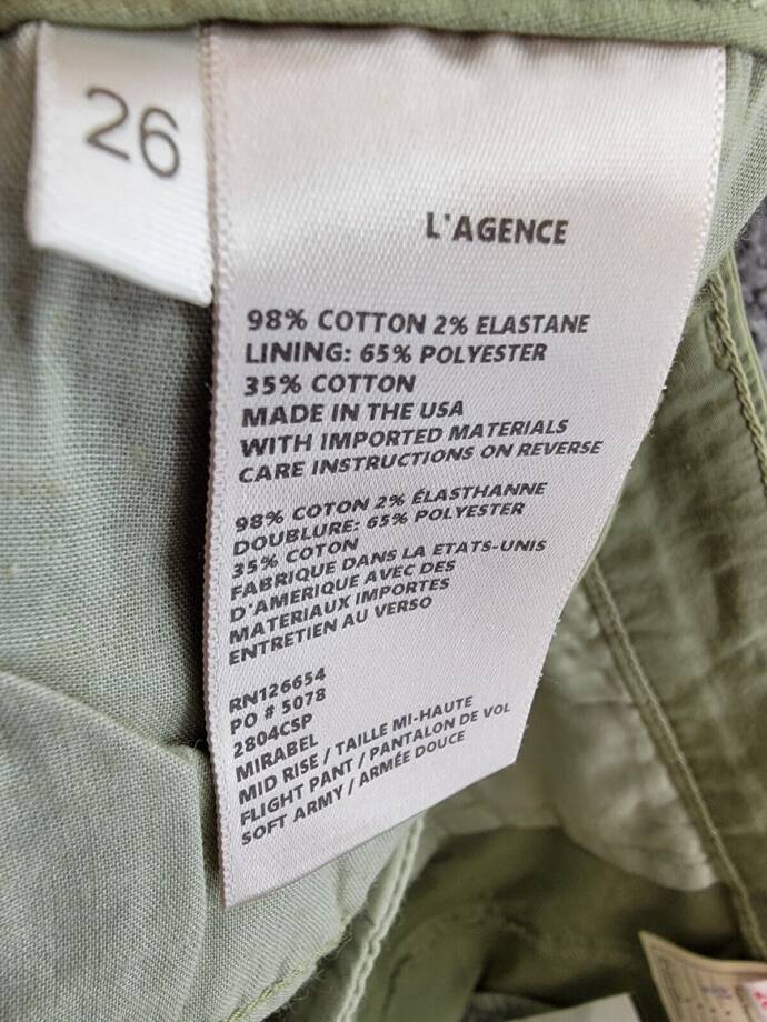 L'AGENCE Mirabel Cropped Flight Pants Women's 26 Soft Army Button Zip Closure
