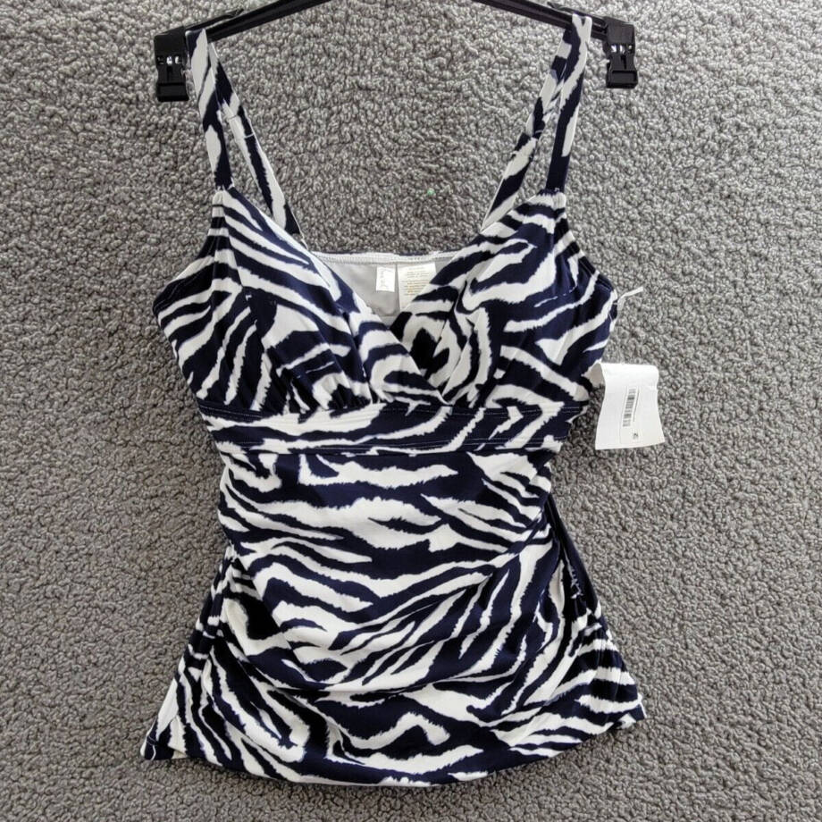 Anne Cole Printed Surplice Tankini Top Women's 32C/34B White/Navy Adjustable
