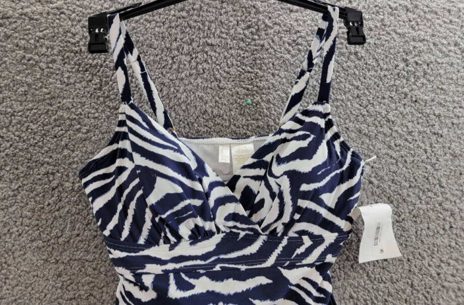 Anne Cole Printed Surplice Tankini Top Women's 32C/34B White/Navy Adjustable