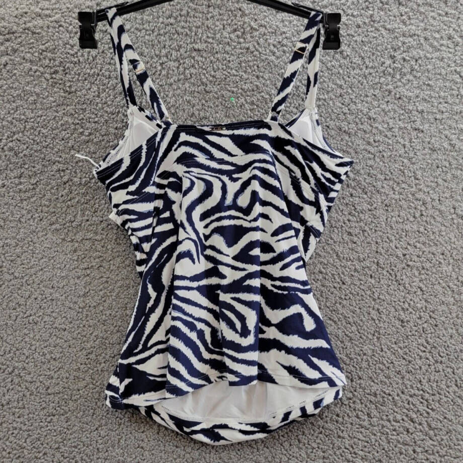 Anne Cole Printed Surplice Tankini Top Women's 32C/34B White/Navy Adjustable