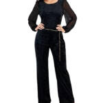 Connected Petite Sheer-Sleeve Chain-Belted Velvet Jumpsuit Women's 10P Black L/S
