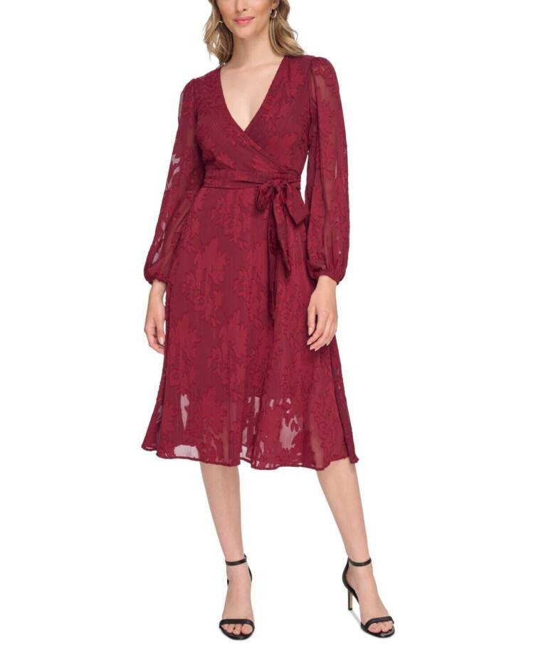 Kensie V-Neck Chiffon Fit & Flare Dress Women's 4 Burgundy Back Zip Closure L/S