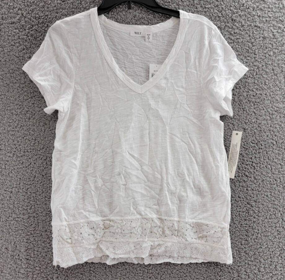 Wilt Lace Trim Baby Tee Women's S White Solid V-Neck Short Sleeve Pullover
