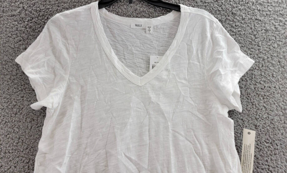 Wilt Lace Trim Baby Tee Women's S White Solid V-Neck Short Sleeve Pullover