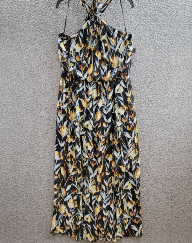 Thalia Sodi Illusion Hardware Halter Maxi Dress Women's L Serengeti Floral Black