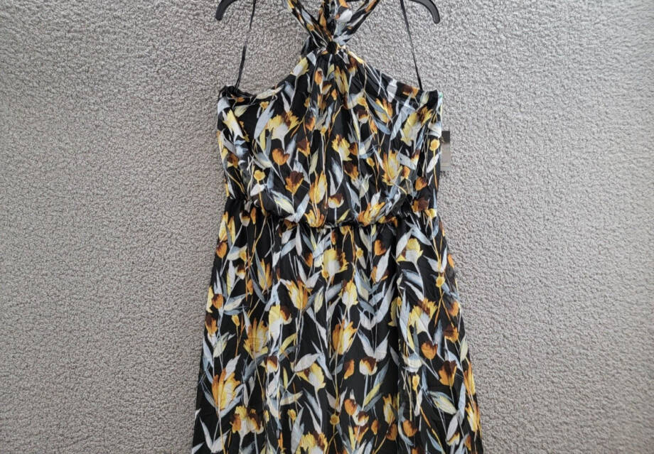 Thalia Sodi Illusion Hardware Halter Maxi Dress Women's L Serengeti Floral Black