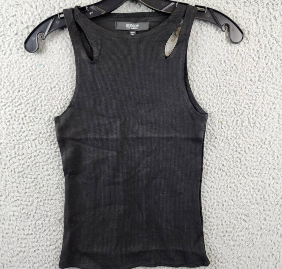 Hudson Cutout Rib-Knit Tank Top Women's XS Black Solid Crew Neck Pullover