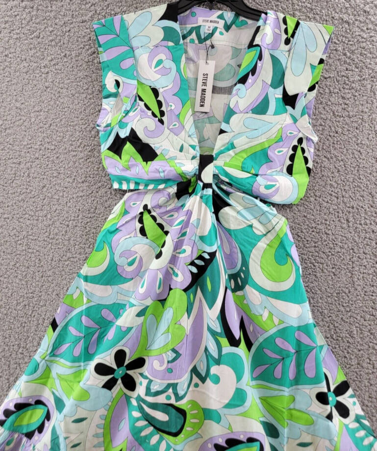 Steve Madden Amanda Cutout Midi Dress Women's M Green Multi V-Neck Pullover S/S
