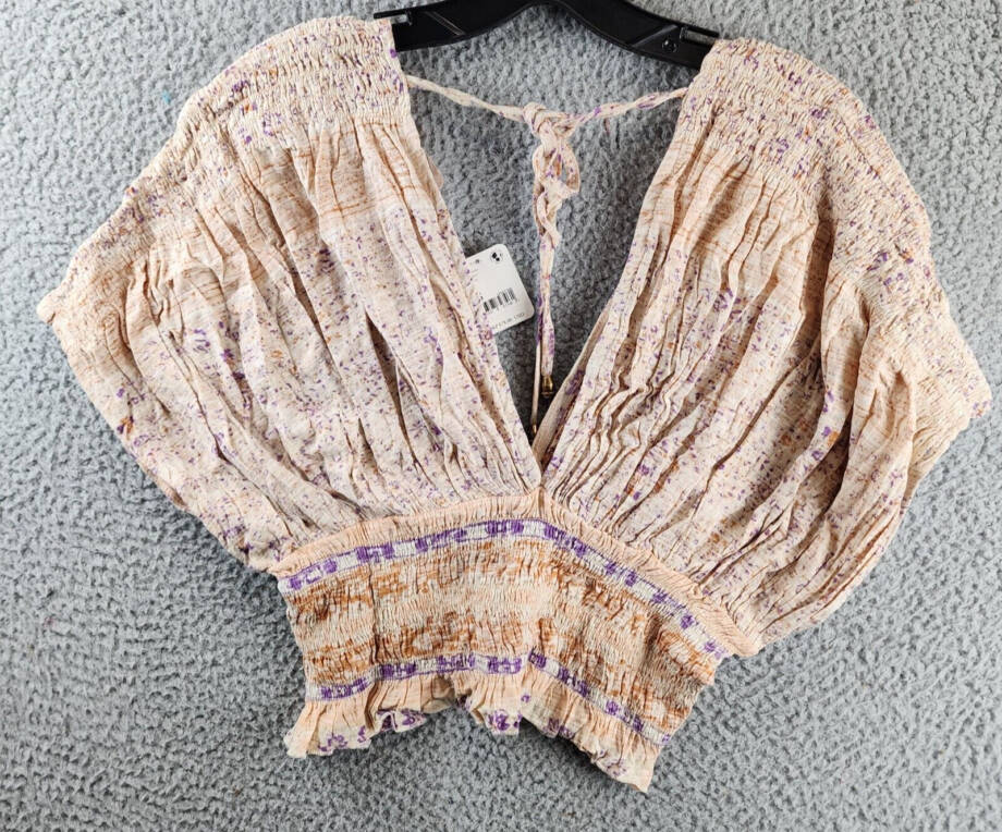 Free People Next Vacation Top Women's XS Ivory Combo Floral V-Neck Tie Closure