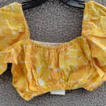 Faithfull the Brand Harlow Floral Print Linen Crop Top Women 8 Marigold Pullover