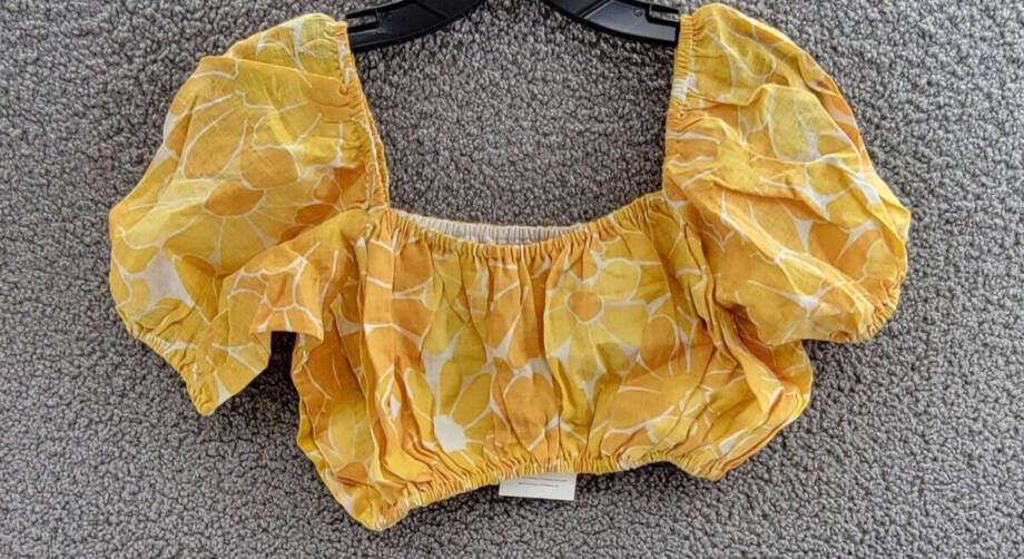 Faithfull the Brand Harlow Floral Print Linen Crop Top Women 8 Marigold Pullover