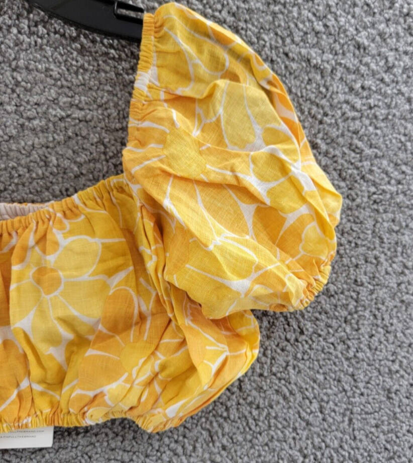 Faithfull the Brand Harlow Floral Print Linen Crop Top Women 8 Marigold Pullover
