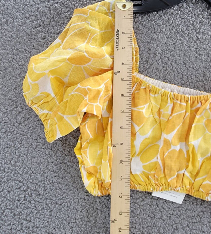 Faithfull the Brand Harlow Floral Print Linen Crop Top Women 8 Marigold Pullover