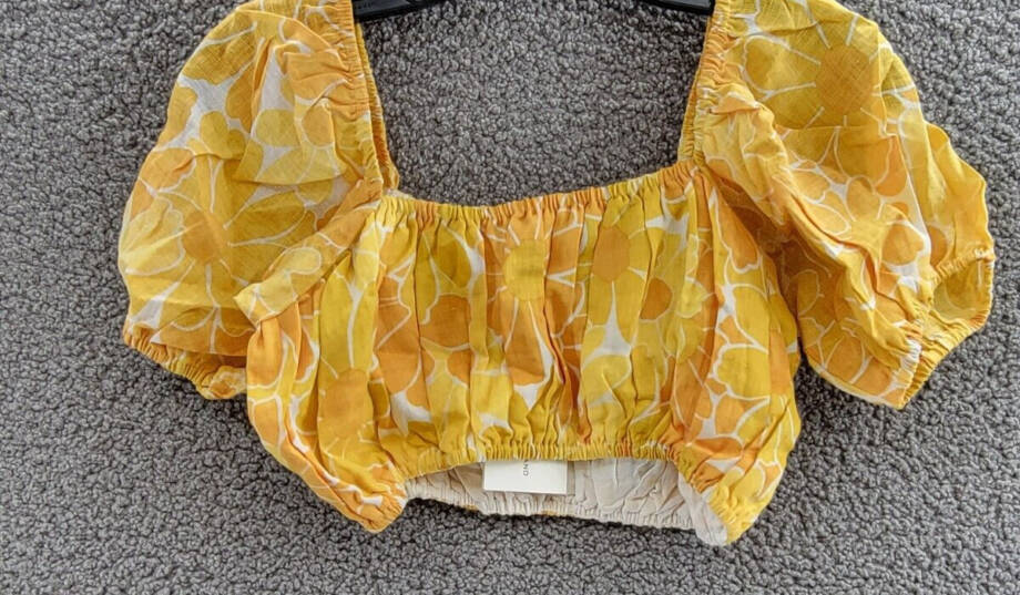 Faithfull the Brand Harlow Floral Print Linen Crop Top Women 8 Marigold Pullover
