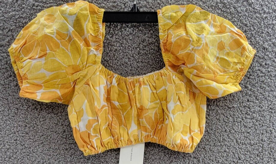 Faithfull the Brand Harlow Floral Print Linen Crop Top Women 4 Marigold Pullover
