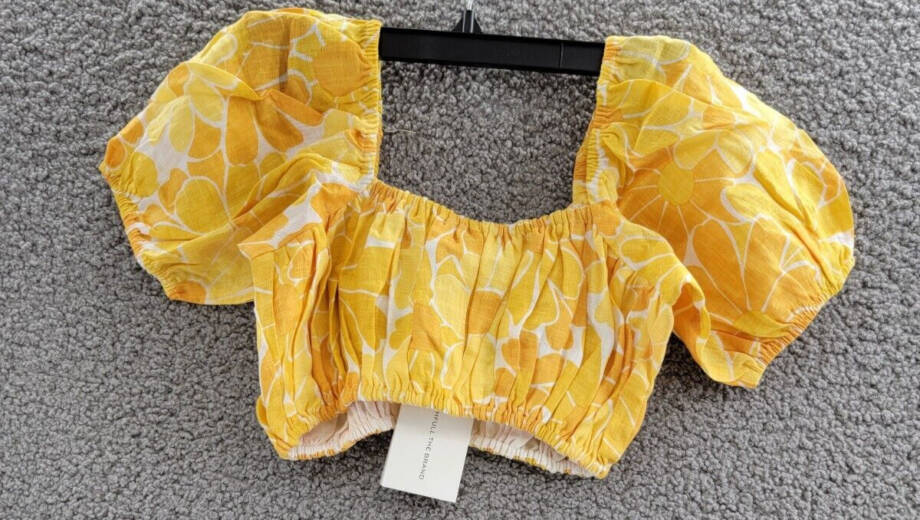 Faithfull the Brand Harlow Floral Print Linen Crop Top Women 4 Marigold Pullover