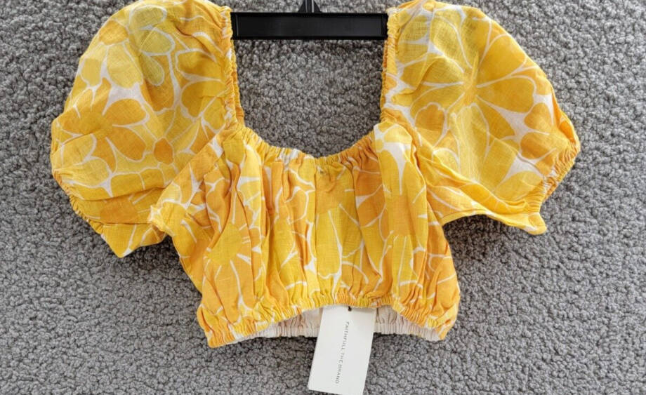 Faithfull the Brand Harlow Floral Print Linen Crop Top Women 4 Marigold Pullover