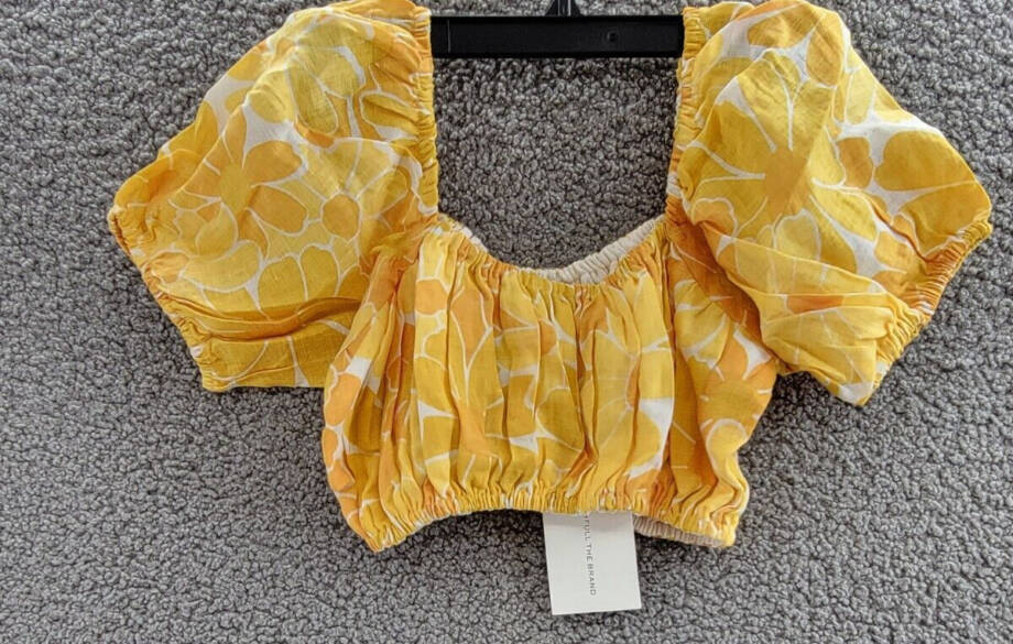 Faithfull the Brand Harlow Floral Print Linen Crop Top Women 4 Marigold Pullover
