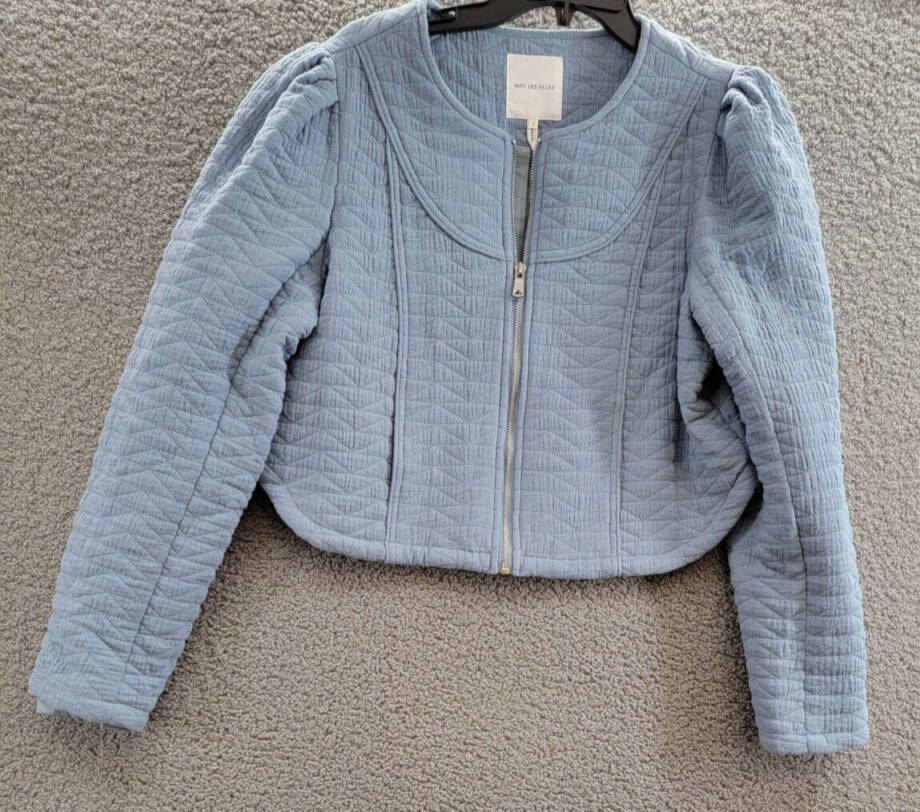 Avec Les Filles Quilted Puff-Shoulder Zip-Front Jacket Womens L Blue Long Sleeve