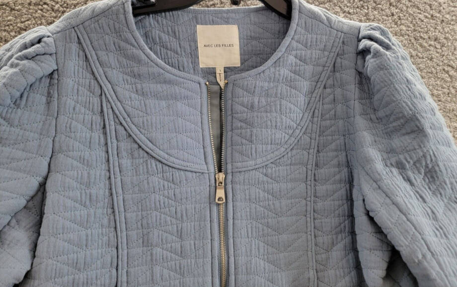 Avec Les Filles Quilted Puff-Shoulder Zip-Front Jacket Womens L Blue Long Sleeve