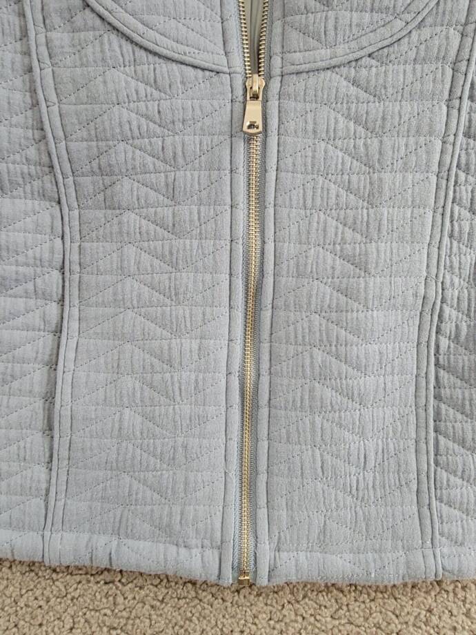 Avec Les Filles Quilted Puff-Shoulder Zip-Front Jacket Womens L Blue Long Sleeve