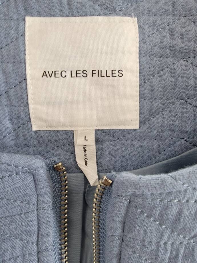 Avec Les Filles Quilted Puff-Shoulder Zip-Front Jacket Womens L Blue Long Sleeve