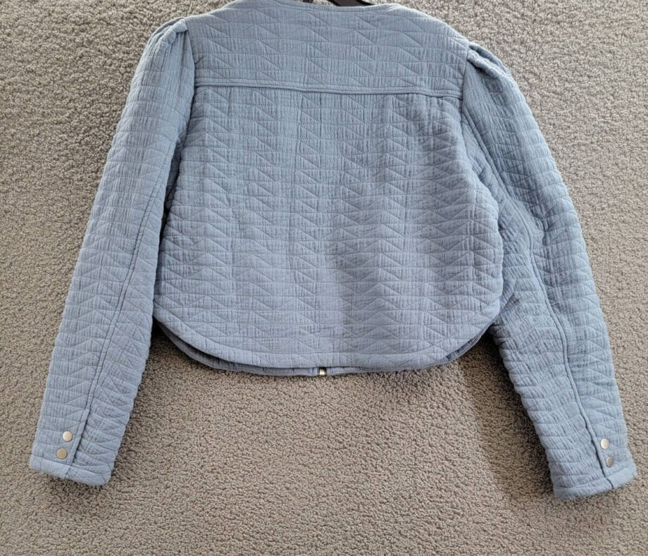 Avec Les Filles Quilted Puff-Shoulder Zip-Front Jacket Womens L Blue Long Sleeve