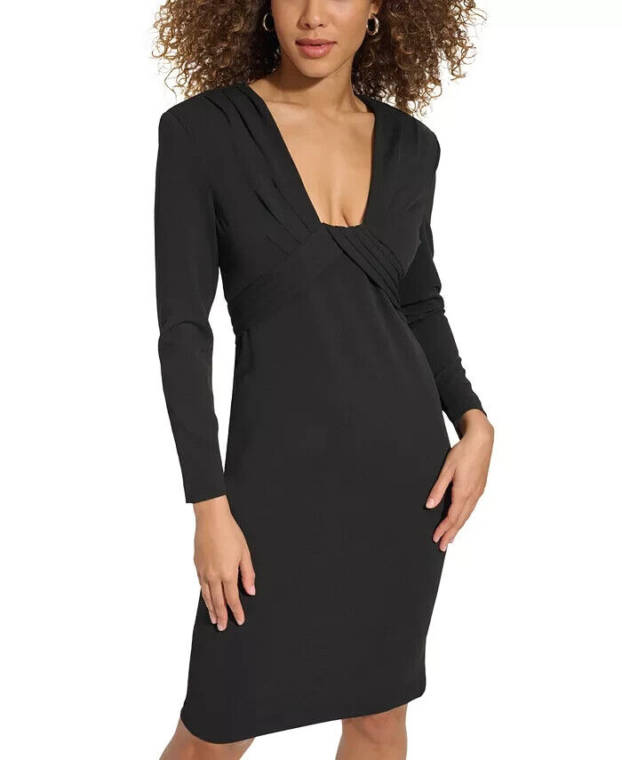 Calvin Klein Pleated V-Neck Sheath Dress Women's 14 Black Back Zip Long Sleeve